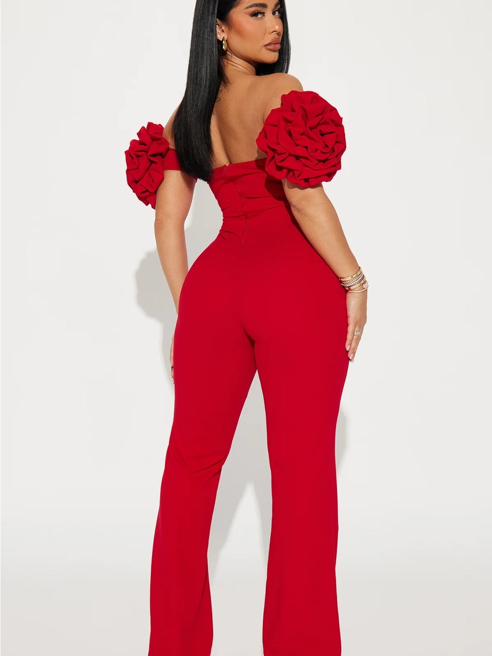 Fashion Nova Red Off-Shoulder Puff Sleeve Jumpsuit - Picture 3 of 4